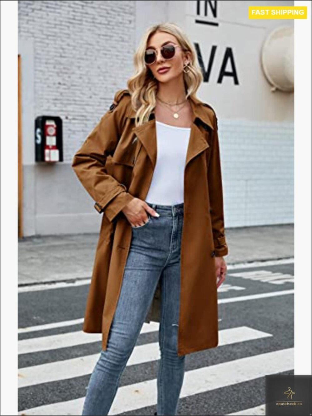 Classic Slim Fit Trench Coat Elegant Windproof Double Breasted Belted Overcoat - Picture 4 of 7